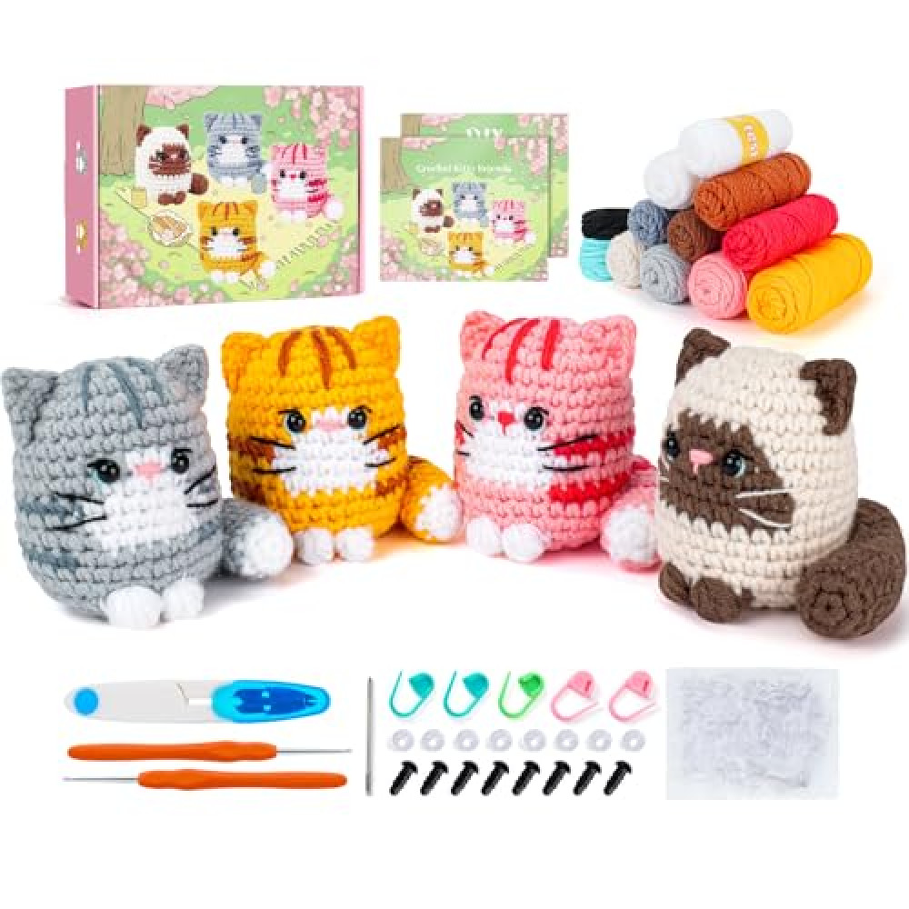 Crochet Kit for Beginners -4 PCS Cat Crochet Kit with Step-by-Step Video Tutorials, Learn to Crochet Kits for Adults and Kids, Beginner Crochet Kit for Adults, Crochet Cat Friends Set