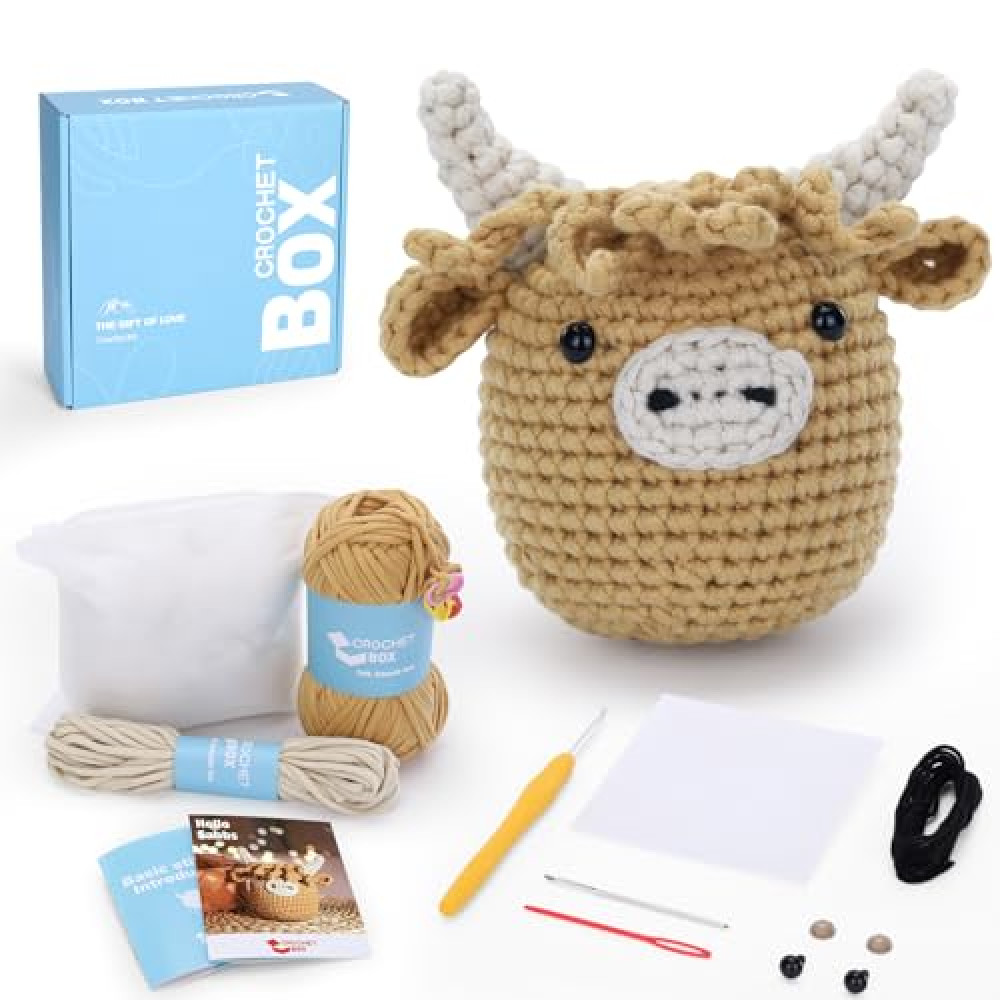 Crochet Kit for Beginners: Highland Cow Crochet Kit, Learn to Crochet, Include Easy Knitting Soft Yarn, Step-by-Step Video Tutorial, Hook, Holiday Birthday Gift for Adults and Kids(30%+ Yarn)