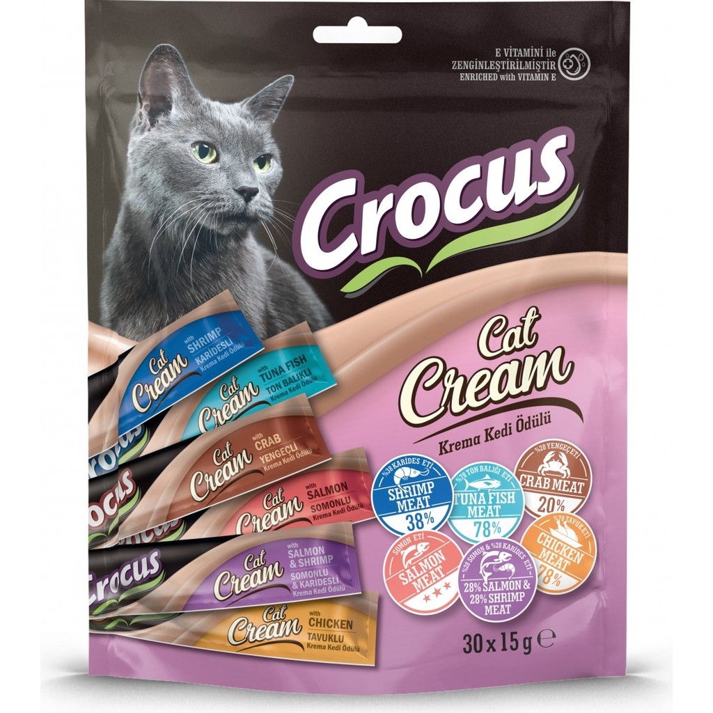 Crocus 30 x 15 gr Krema Kedi Ödülü 6 Çeşit Lezzetli Tavuk, Somon, Karides, Yengeç İçeren Premium Atıştırmalık Diğer Fiyatı
