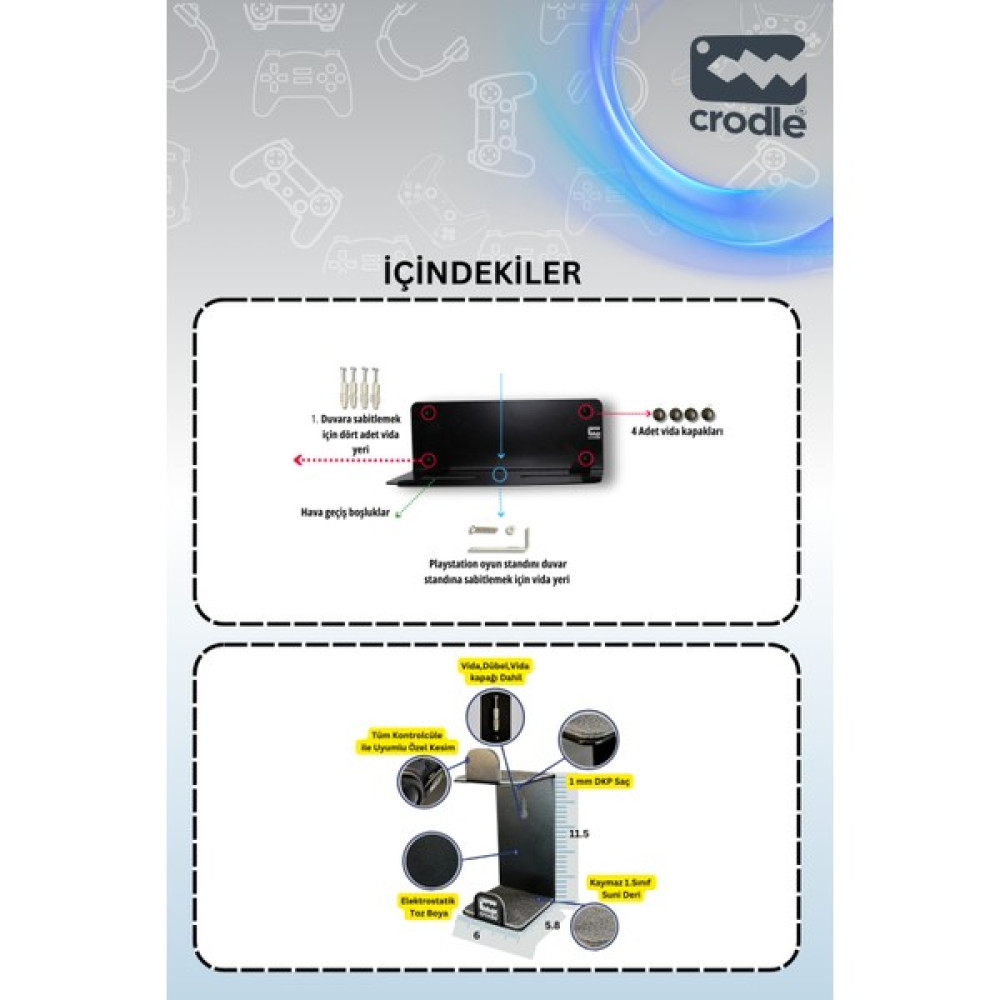 Crodle 2'li Fırsat Playstation 5 Duvar Standı ve Joystick Konsol Tutacağı Yerden Tasarruf Gaming Aksesuar PlayStation 5 PS5 Oyunları Fiyatı