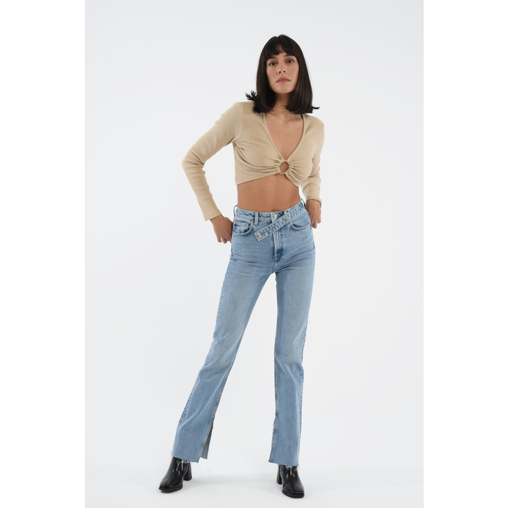 CROSS JEANS Açık Mavi Slim Straight Paçası Yırtmaçlı Çapraz Kemerli Jean Pantolon 32/30 Beden Bayan Jeans / Kot Pantolon Fiyatı