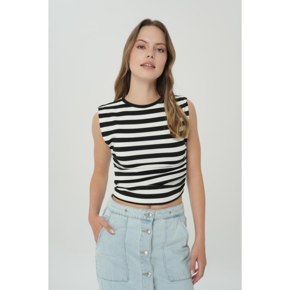 Cross Jeans Beyaz Siyah Çizgili Yanı Büzgülü T-Shirt 56106-573 Bayan T-shirt Fiyatı