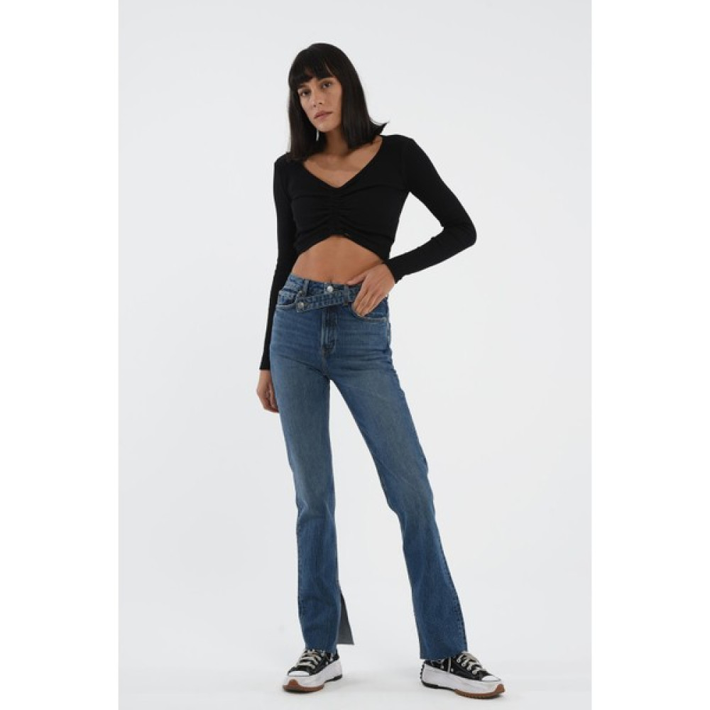 Cross Jeans Orta Mavi Slim Straight Paçası Yırtmaçlı Çapraz Kemerli Jean Pantolon C 4556-007 Bayan Jeans / Kot Pantolon Fiyatı