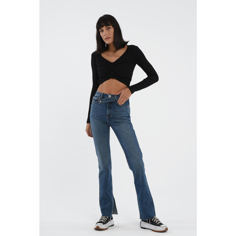 CROSS JEANS Orta Mavi Slim Straight Paçası Yırtmaçlı Çapraz Kemerli Jean Pantolon C 4556-007 30/30 Beden Bayan Jeans / Kot Pantolon Fiyatı