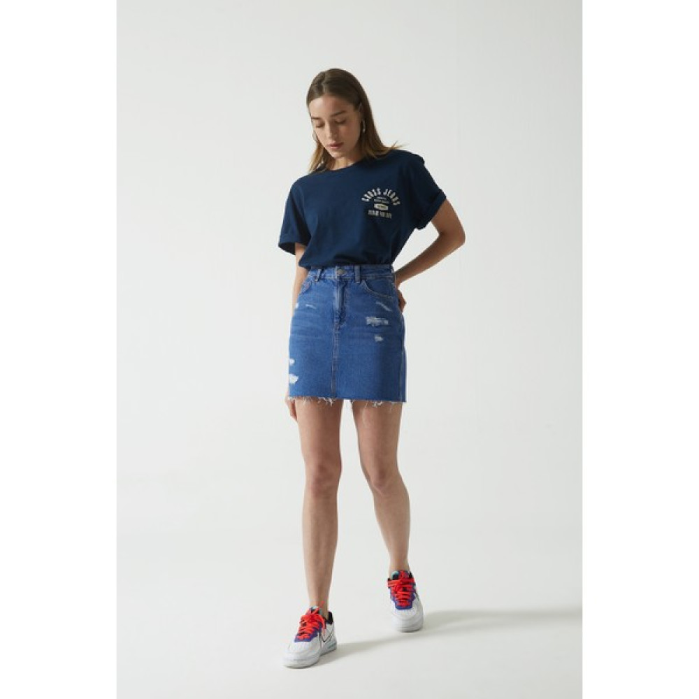 Cross Jeans Saks Mavisi Yüksek Bel Yıpratmalı Etek Ucu Kesikli Jean Mini Etek C 4533-009 Etek Fiyatı