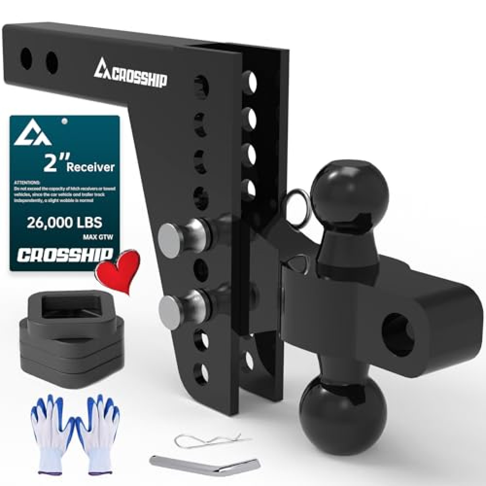 CROSSHIP Adjustable Trailer Hitch - Fits 2'' Receiver, 6'' Drop/Rise Ball Mount, Solid Dual Ball (2" x 2-5/16") Tow Hitch 26,000 LBS GTW-Multifunctional Heavy Duty Truck with Pin for Class III & IV