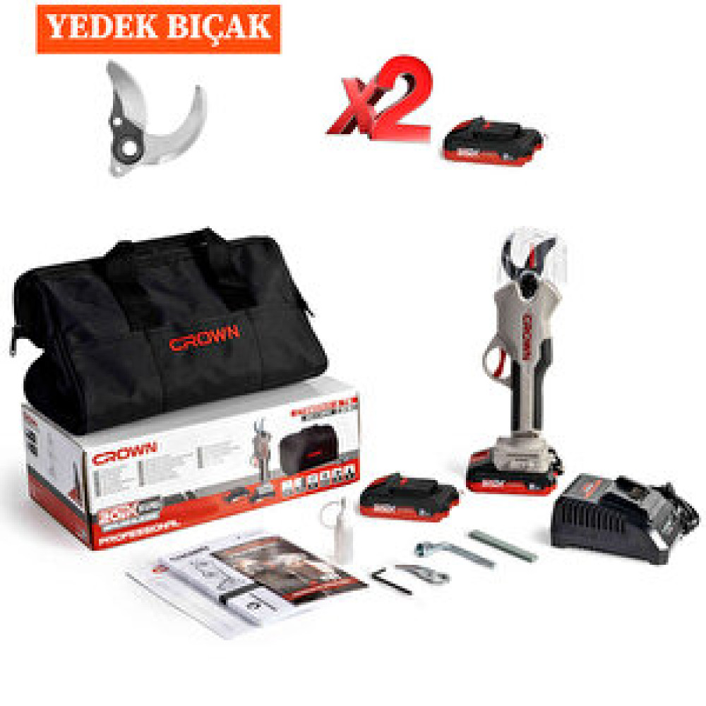 Crown %100 Orjinal 20V Çift Akülü Dal Budama Bağ Makasi 32mm  Ultra Profesyonel Çantalı Set + Yedek Bıçak Hediyeli Dal Budama Makineleri Fiyatı