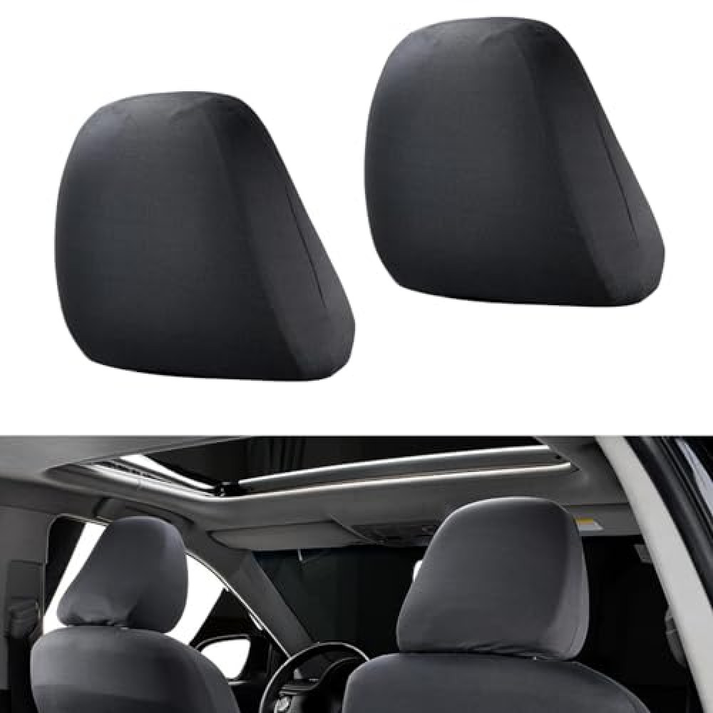 Crynod 2 PCS Car Seat Headrest Cover, 9" x 10.6" Knitted Stretch Breathable Fully Surrounded Simple Dust Cover, Reusable Flexible Headrest Protector, Universal for Most Cars (Black)
