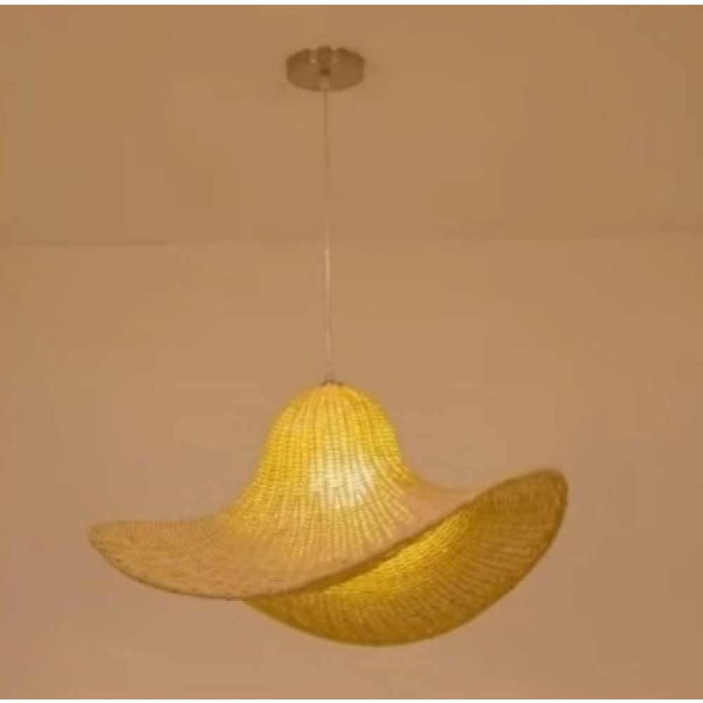 Crystal Palace Hasır Avize - Tekli Sarkıt Avize - Modern Avize - Bambu - Örme Avize - Şapka Şapkalı Avize 50*40 cm - Kahve - Krem Avize Fiyatı