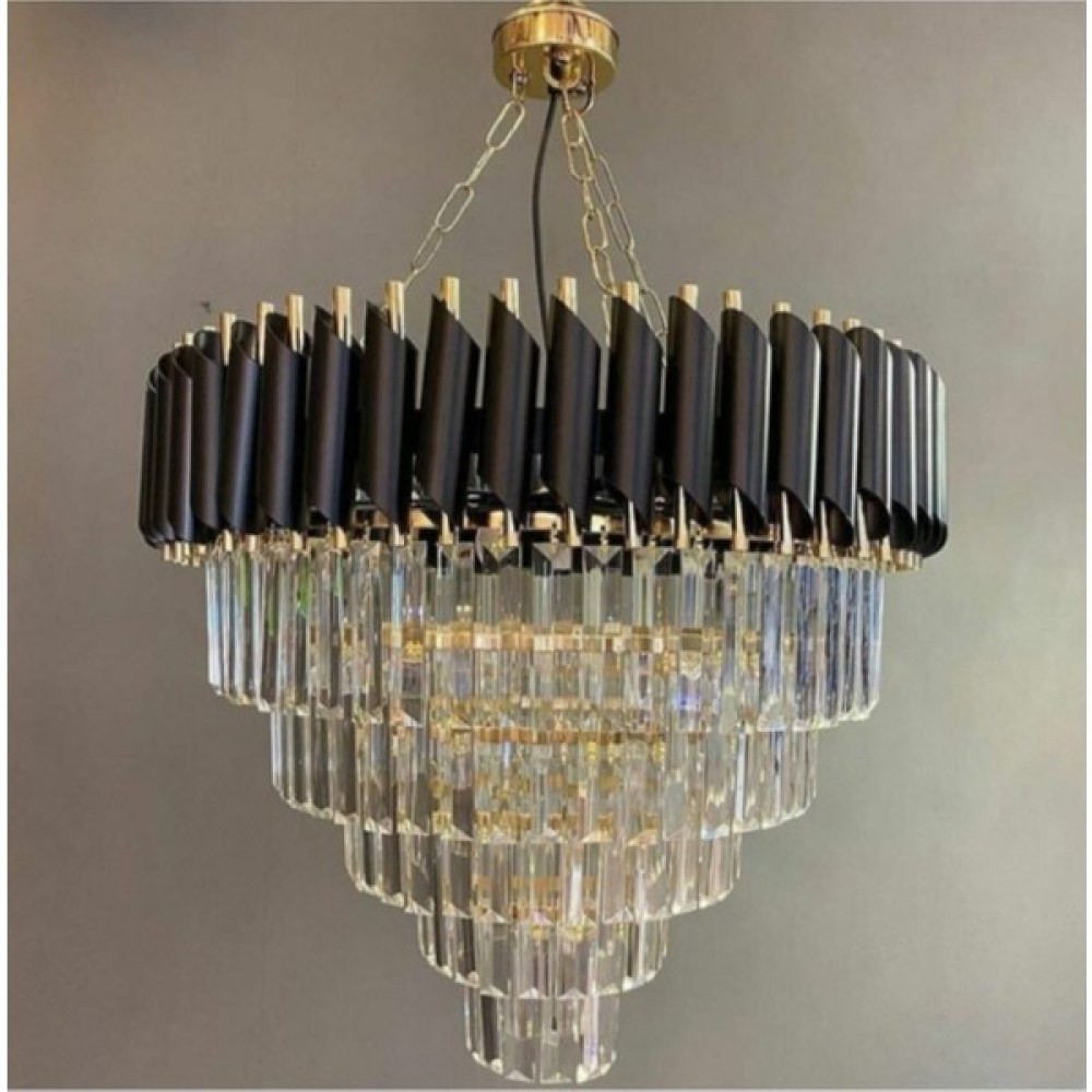 Crystal Palace Salon Avizesi - Kristal Taşlı Avize 55CM Tabut Taşlı Avize - Siyah Gold (Altın) Avize Lux Salon Yemek Masası Avizesi Avize Fiyatı
