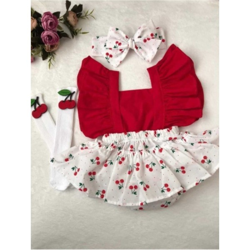 Crystal Shop Kız Çocuk Kiraz Desenli Salopet Bandana Çorap 3'lü Takım Bebek Tulumu Fiyatı