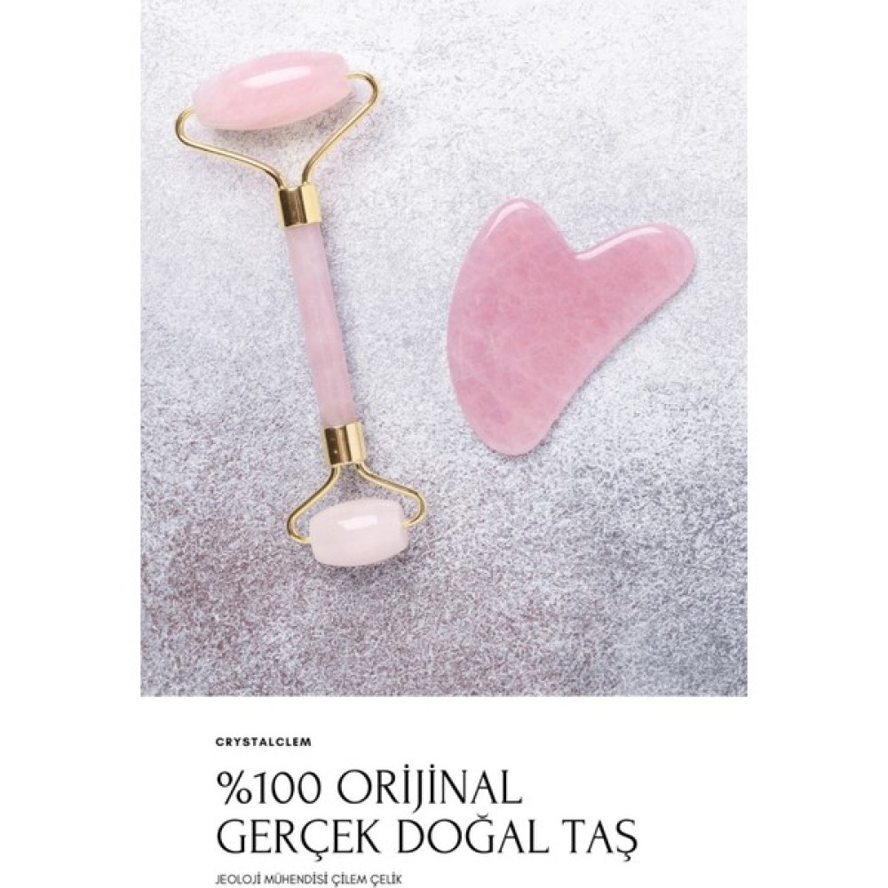 Crystalclem Pembe Kuvars Roller ve Kalp Gua Sha Doğal Taş İkili Yüz Masaj Aleti Seti Masaj Cihazları Fiyatı