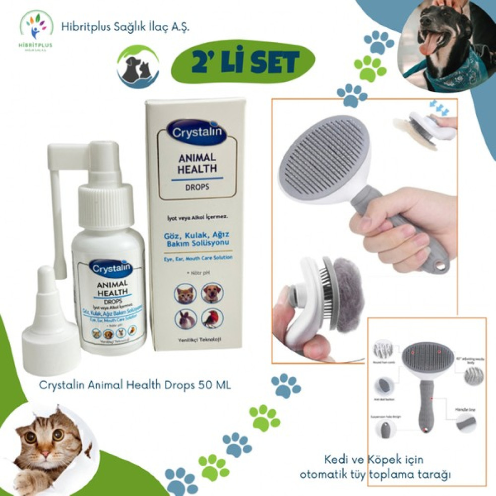 Crystalin Animal Health 50 ml + Kedi ve Köpek Otomatik Tüy Toplama Tarağı 2 Li Set Evcil Hayvan Ürünleri Fiyatı