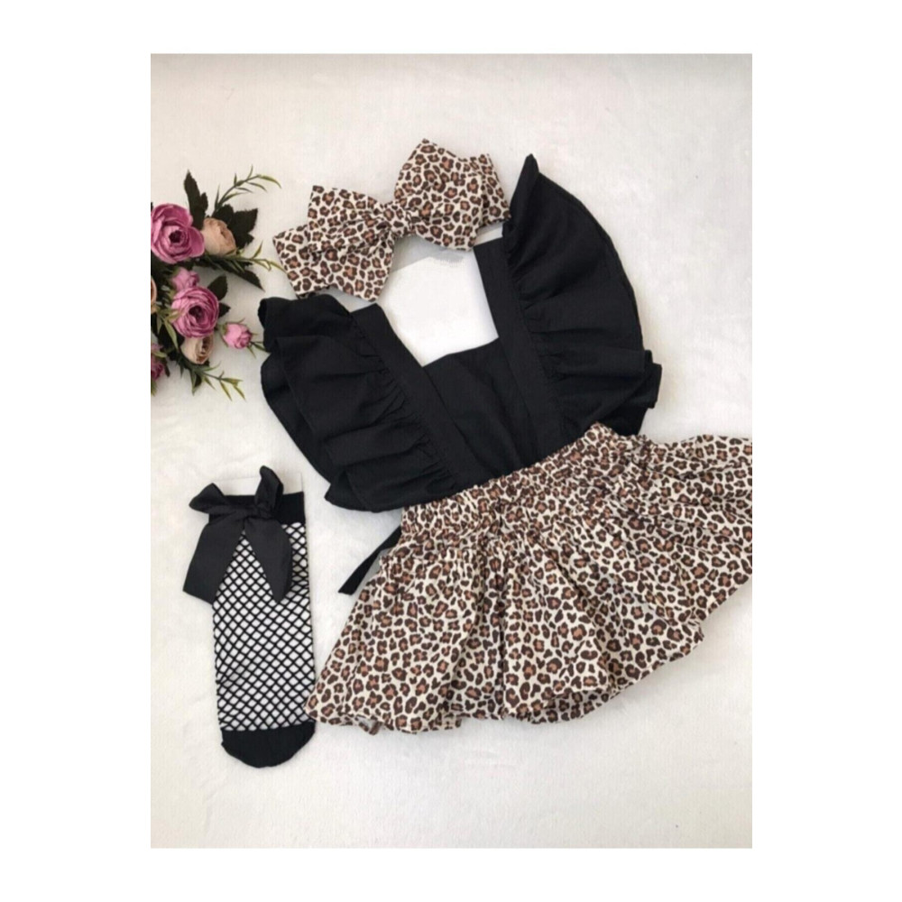 CRYSTALSHOP Kız Çocuk Fırfırlı Leopar Salopet-bandana-çorap 3lü Takım 3-6 AY Beden Bebek Giyim-Tekstil Fiyatı