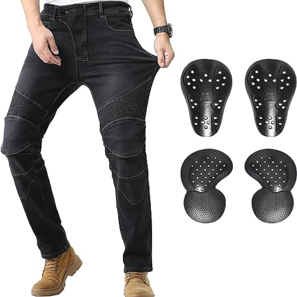 CTBQiTom Men's Motorcycle Pants Motocross Riding Jeans Adventure Trousers Motorbike Pants with Knee and Hip CE Armor Protector Pads,Black,32