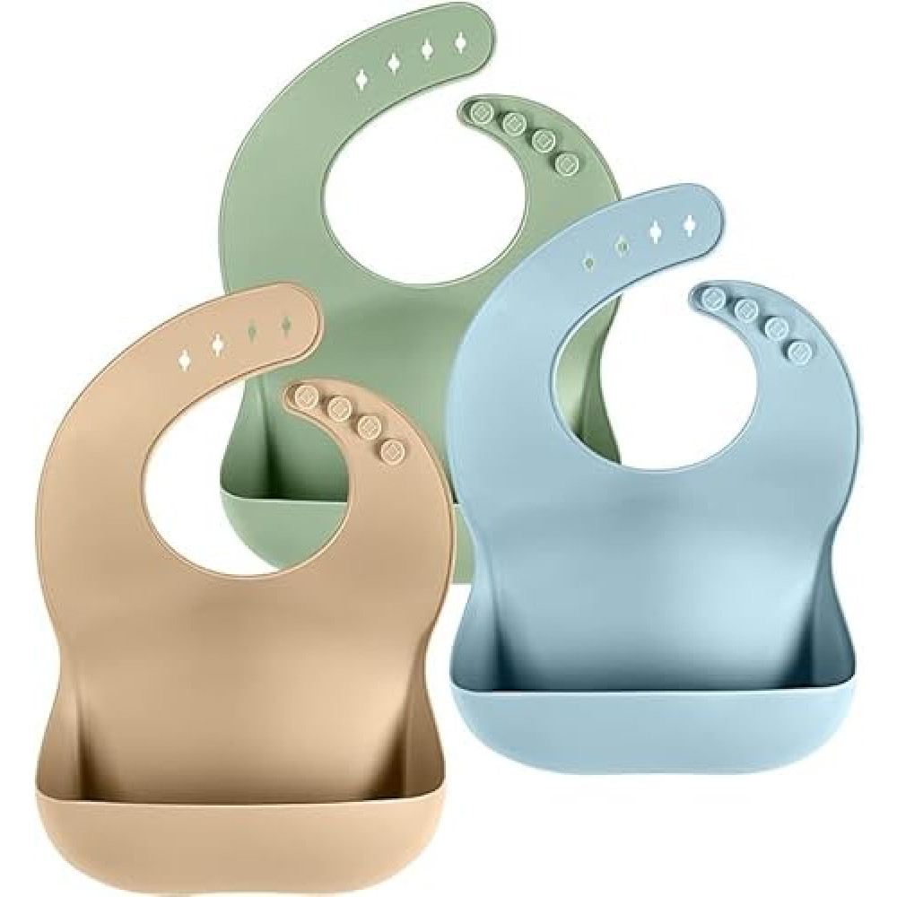Cuddle Campus Set of 3 Silicone Bibs for Babies & Toddlers,Soft Adjustable Bibs with Pocket Food Catcher for Baby Girl,Boy(Set 1)