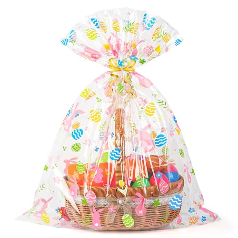 CUDICY Easter Gift Bags 10pcs Large 24x30 Inch Cellophane Wrap for Gift Baskets Plastic Gift Wrapping Clear Gift Bags (Spring)