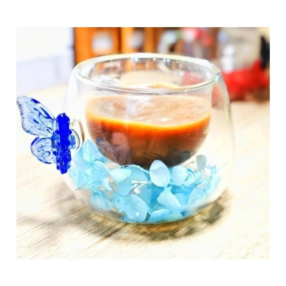Cuppera Isıya Dayanıklı Çift Cidarlı Kelebekli Kurutulmuş Canlı Çiçekli Kupa (Mavi) - Açık Mavi - 100 ml Fincan / Bardak / Kahve Takımı Fiyatı