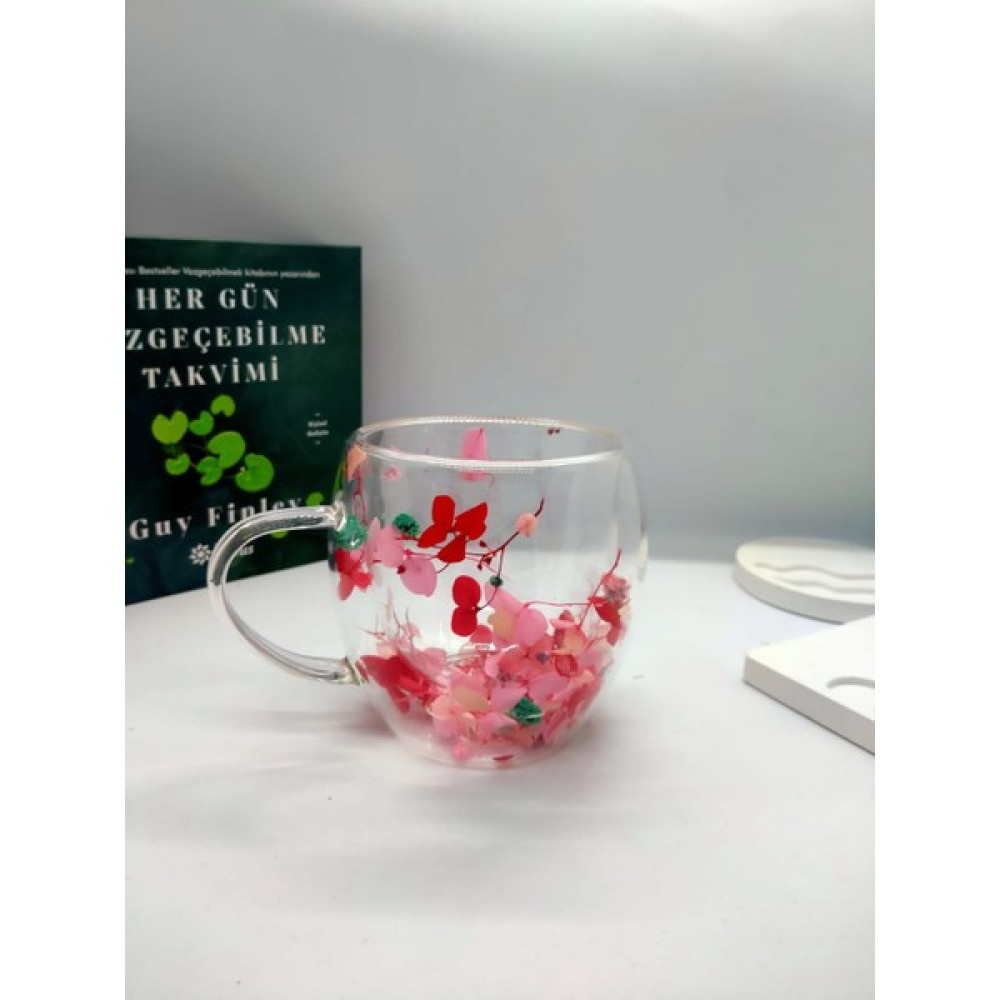 Cuppera Isıya Dayanıklı Çift Çidarlı Kurutulmuş Canlı Çiçekli Bardak (Kırmızı&beyaz) - Pembe - 250 ml Fincan / Bardak / Kahve Takımı Fiyatı