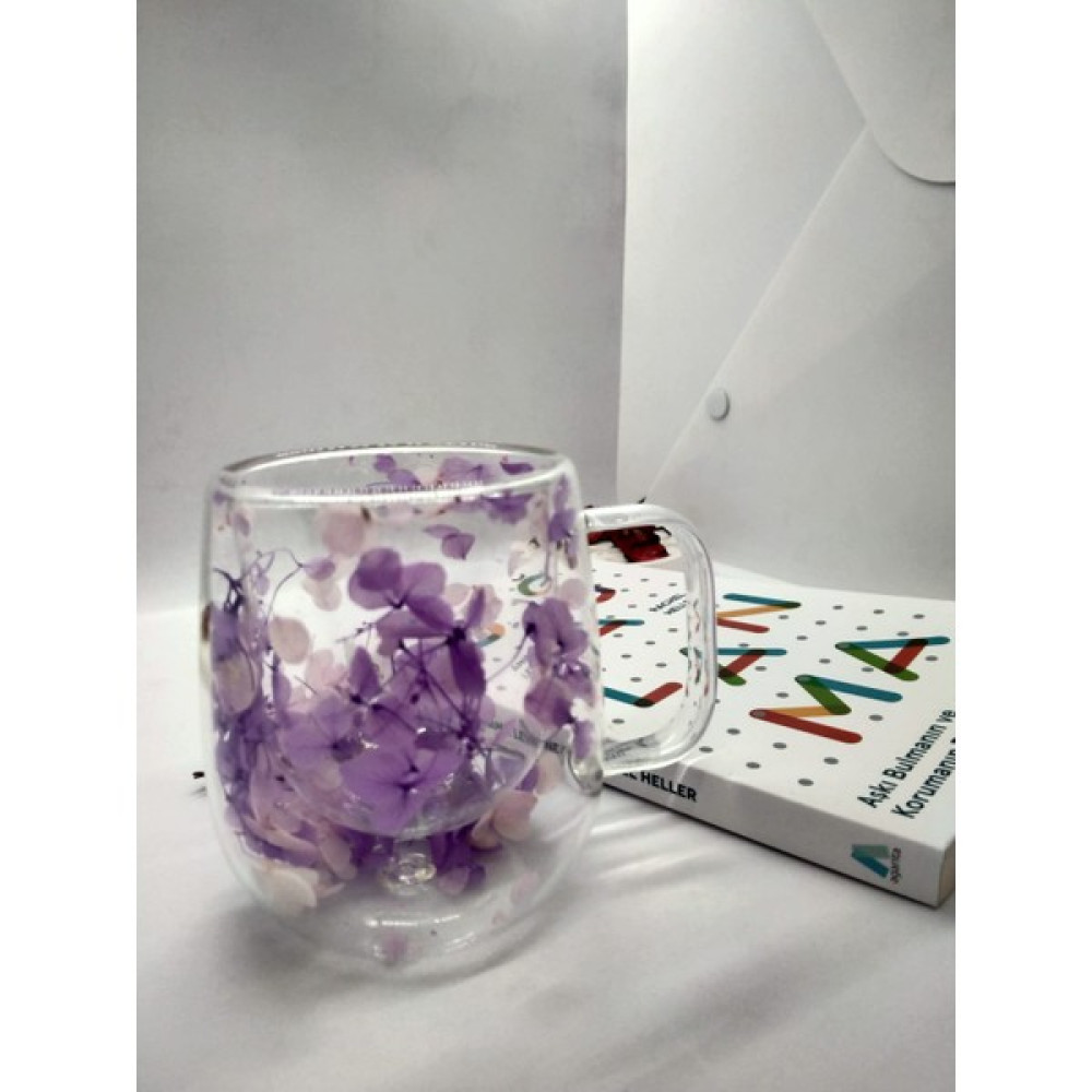 Cuppera Isıya Dayanıklı Çift Cidarlı Kurutulmuş Canlı Çiçekli Kupa - Beyaz - Mor - 250 ml Fincan / Bardak / Kahve Takımı Fiyatı
