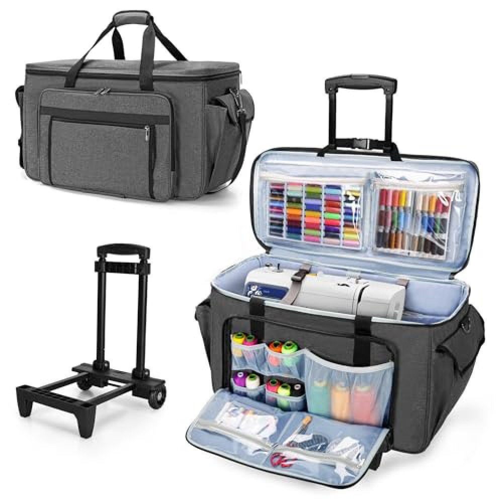 CURMIO Sewing and Embroidery Machine Carrying Case with Wheels, Rolling Embroidery Machine Tote Bag with Bottom Support Board Compatible with Brother SE600, PE535 Embroidery Machine, Gray