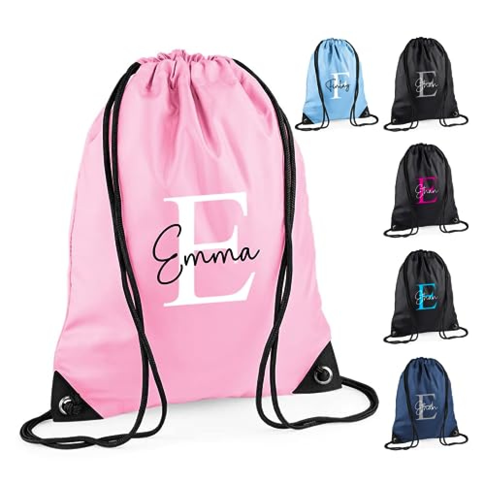 Customisable Personalised Drawstring Bag - Ideal PE Kit, Gym, and Swimming Bag for Boys, Girls, Kids in Nursery and Primary School, Available in Multiple Colours with Monogrammed Initial and Name