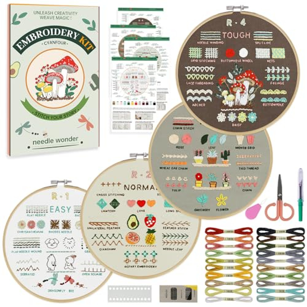 CYANFOUR 4 Stage Embroidery Kit for Beginners Adults, Easy to Learn 38 Different Stitches from Instruction & Video, Needlepoint Kits for Adults with Stamped Embroidery Patterns
