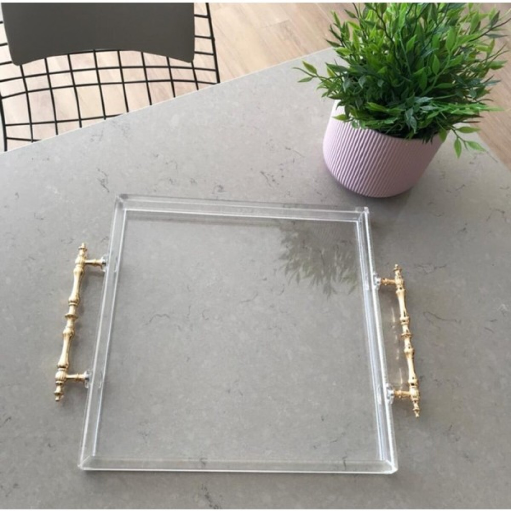 Cyatelier Gold Tutma Detaylı Pleksiglass Tepsi 30X30 Cm, Sofra, Mutfak, Kahve Tepsi, Sunumluk Tepsi Servis Tepsisi Fiyatı