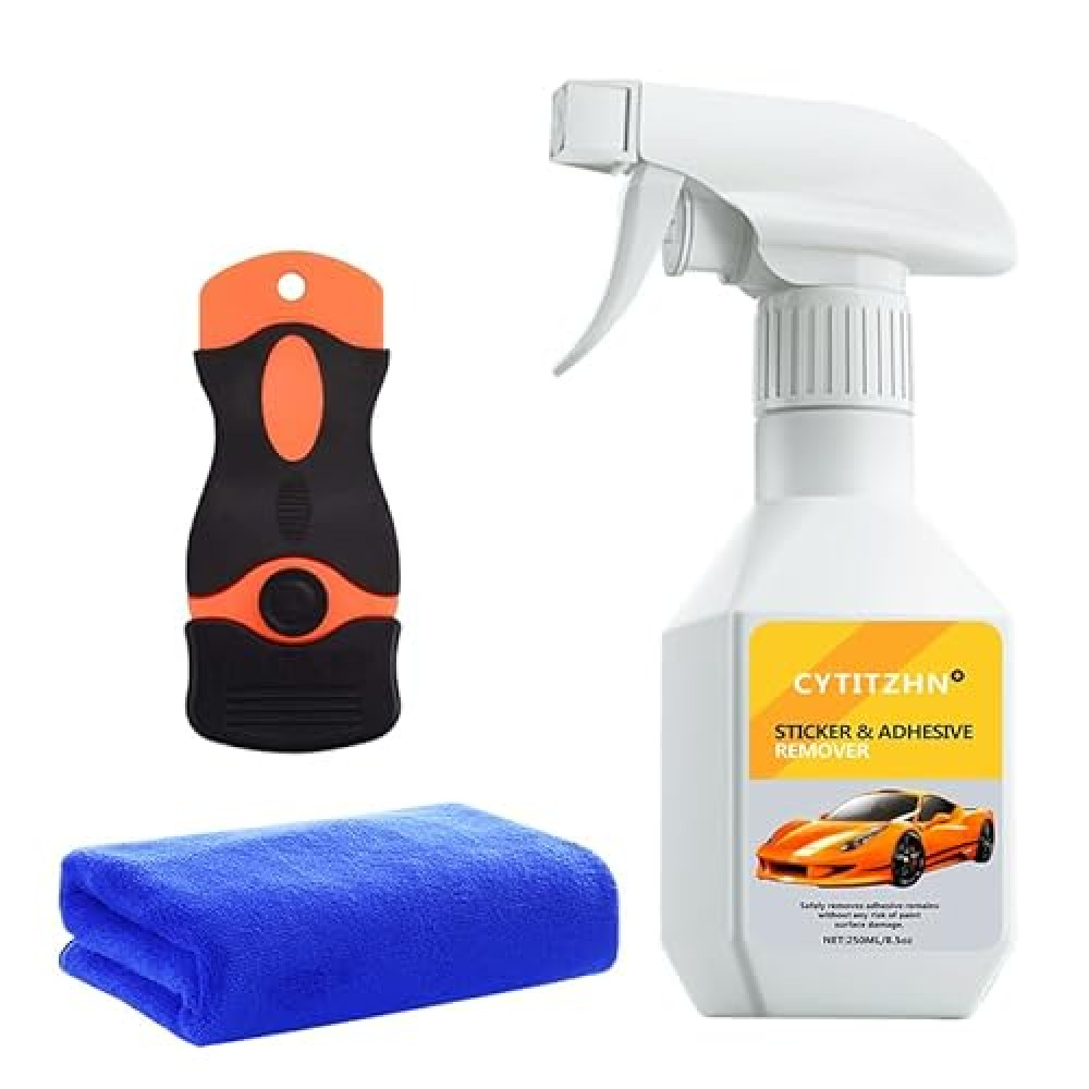 CYTITZHN Adhesive Remover for Cars - Professional Automotive Glue Dissolver Spray with Scraper and Towel; Quickly removes adhesives from windows, paint, labels, decals, and tape residue. 8.45oz /250ml