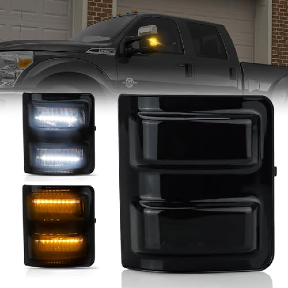 D-Lumina Switchback LED Side Mirror Marker Lights for 2008-2016 Fo-rd F250 F350 F450 F550 Super Duty, Smoked Lens Amber & White Running Turn Signal Mirror Light, Replace OEM Mirror Lamps, Pack of 2