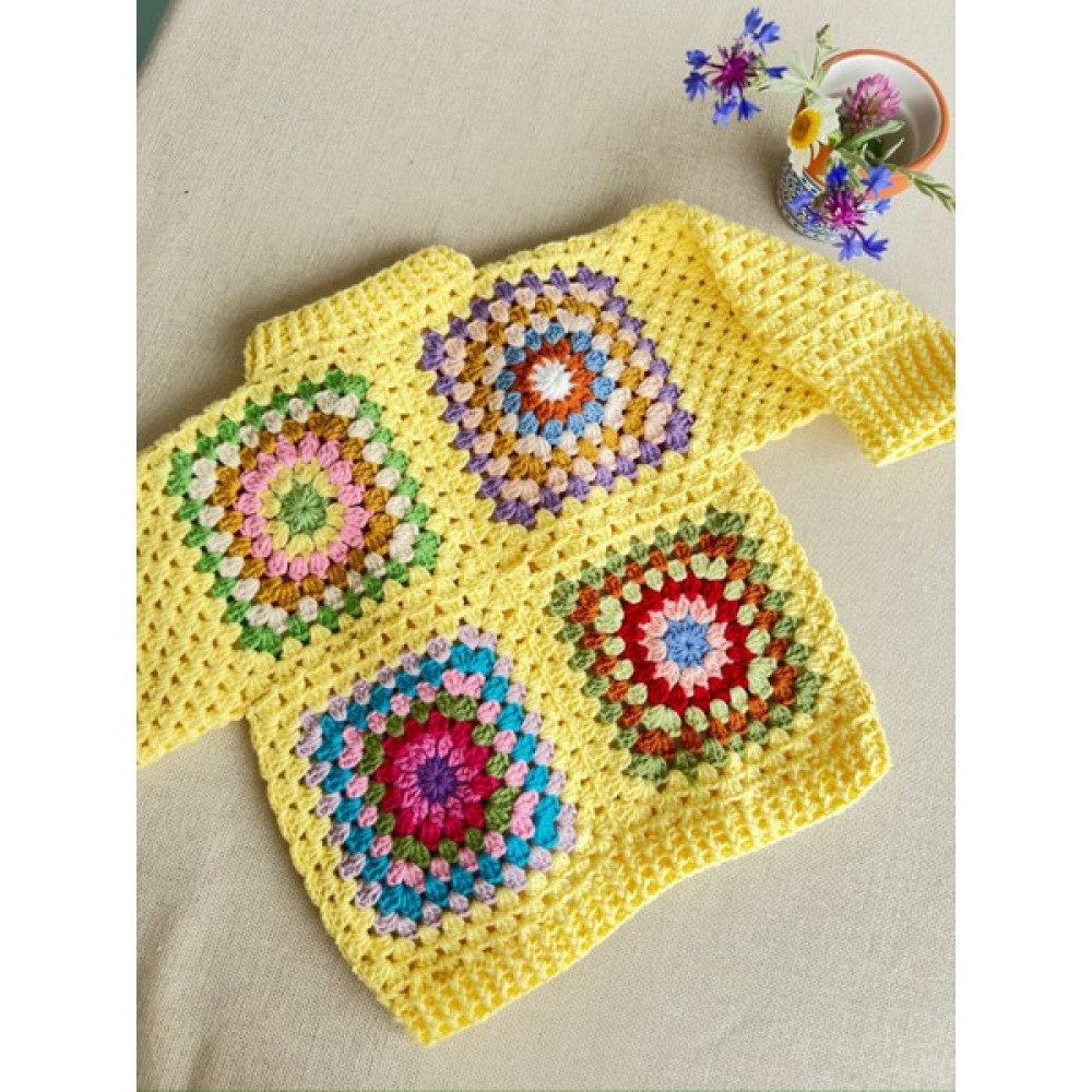 Dafne Dükkan El Örgüsü Motifli Bebek Hırkası Sarı Kroşe Hırka Crochet Granny Square Cardigan Bebek Hırkası Fiyatı