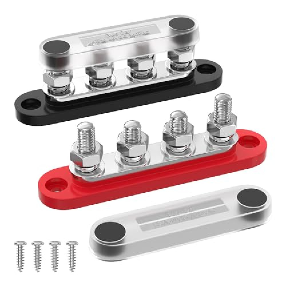 DAIERTEK Bus Bar 12V 150A Mini Power Distribution Block Max 48V DC/300V AC with Cover 4 x 5/16" Posts for Marine Automotive Solar Systems -Negative+Positive