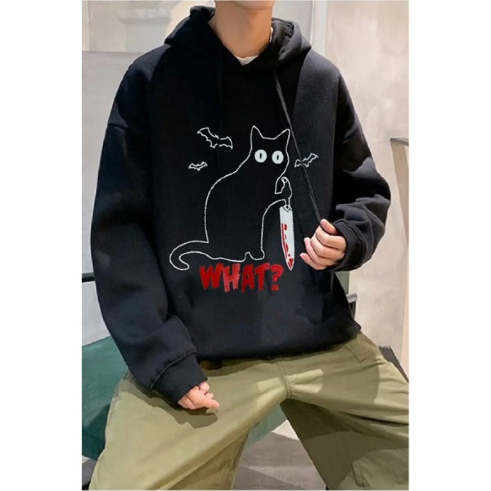 Daily Fashion Anime Cat What Hoodie Outdoor Gotik Siyah Kapşonlu Sweetshirt Daily Erkek Sweatshirt Fiyatı