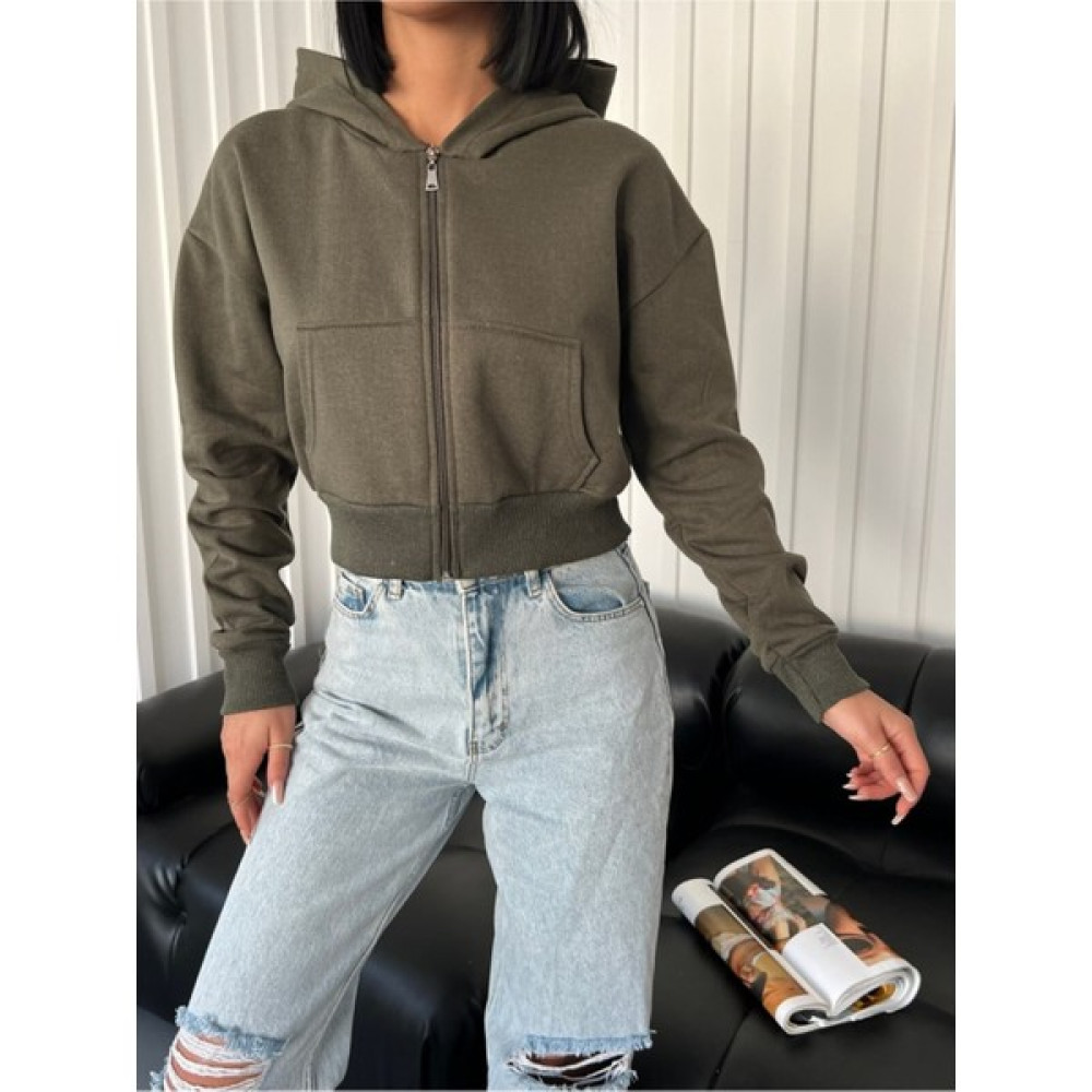 Daily Fashion Atelier Haki Crop Fermuarlı Cepli Kapüşonlu Hırka Streetwear Y2K Daily Bayan Sweatshirt Fiyatı