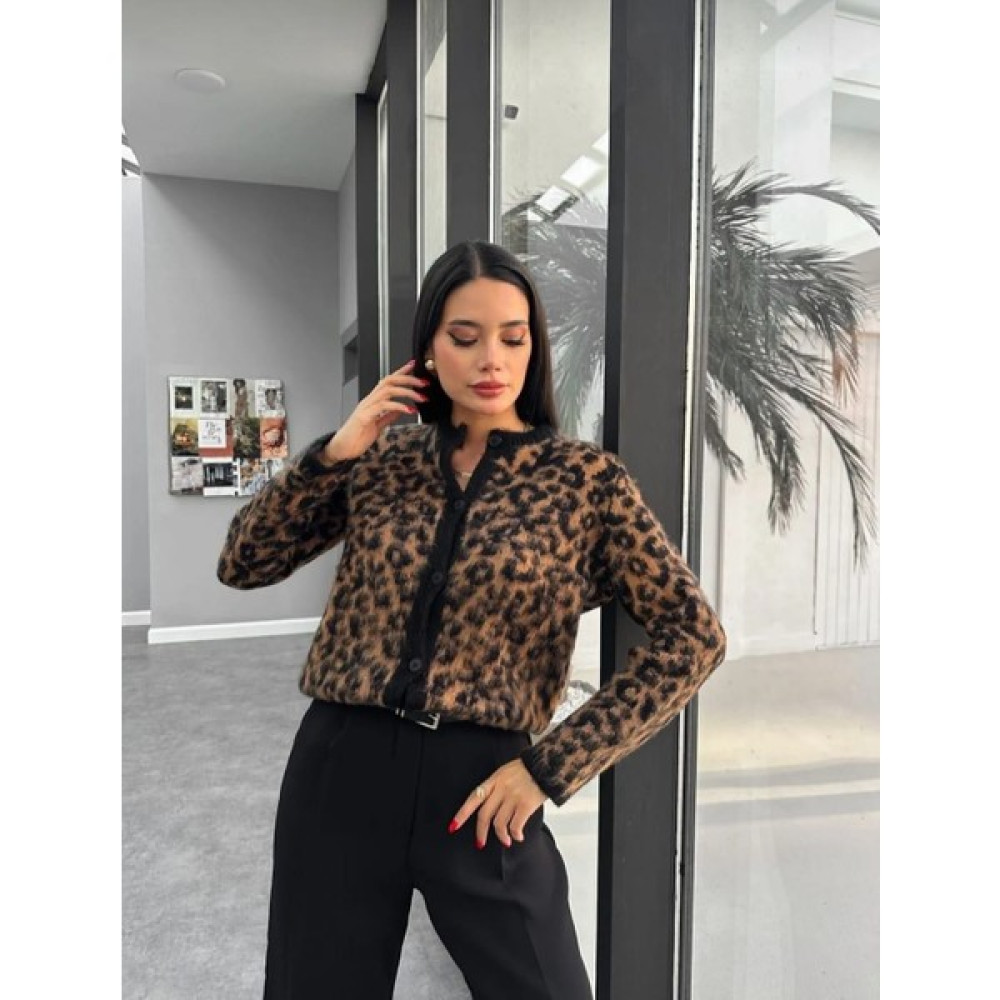 Damga Collection Kadın Leopar Desenli Şardonlu Triko Hırka Kadın Hırka Fiyatı