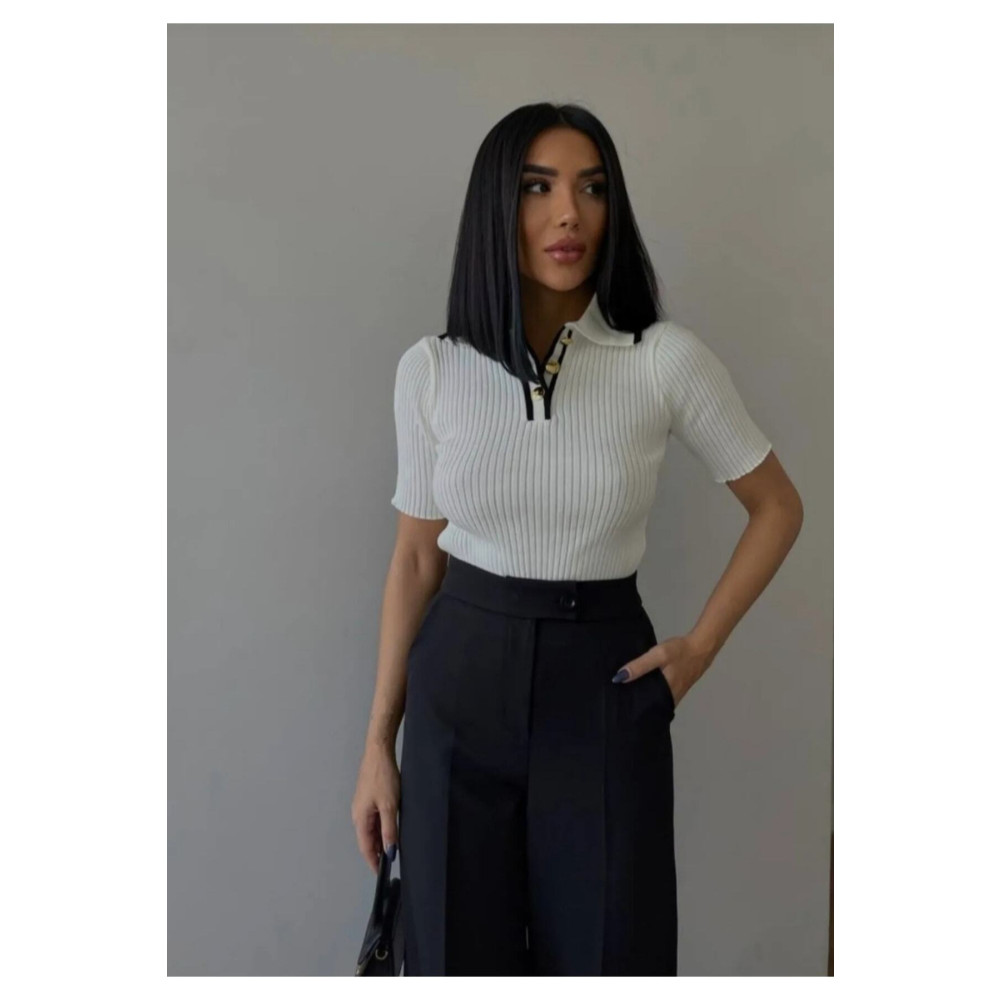 DAMGA Collection Kadın Polo Yaka Gold Düğmeli Kısa Kol Triko Bluz Standart Beden Bluz Fiyatı