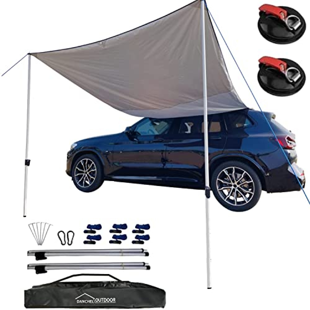 DANCHEL OUTDOOR Portable Suction Cups Car Awning 7.7lbs, Needn't Roof Rack Hardwares, Waterproof Vehicle Tarp Camper Awning Truck SUV Overlanding Accessories (Gray,6.5ftx9.8ft)