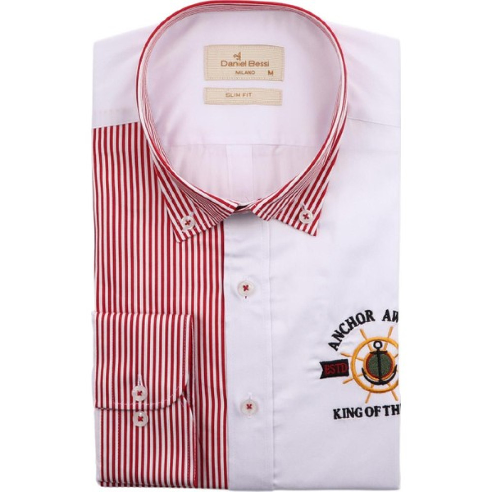 Daniel Bessi Slim Fit Uzun Kollu Beyaz Kırmızı Çizgili Erkek Gömlek 990-109 Erkek Gömlek Fiyatı