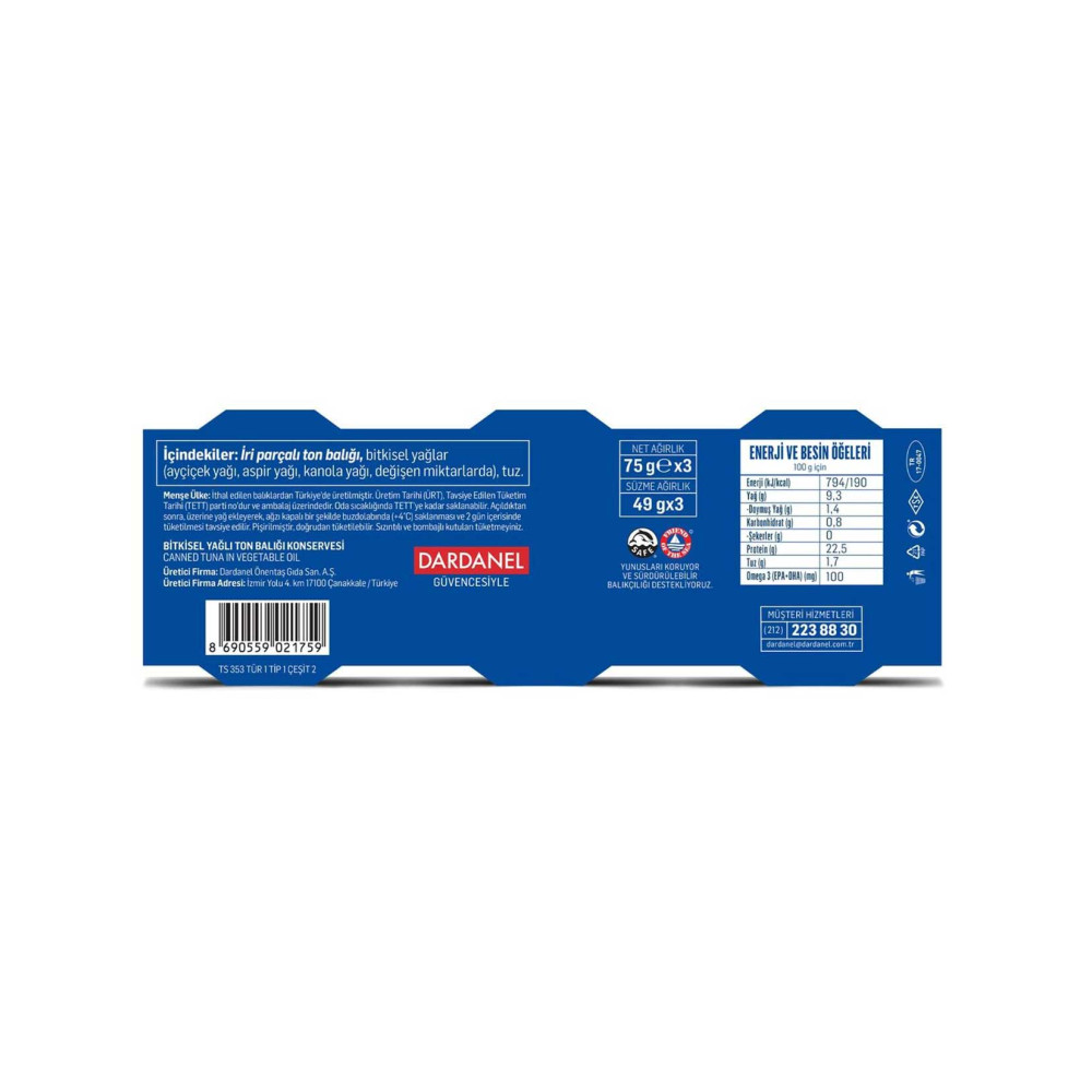 Dardanel Tonla Ton Balığı 3x75 gr Ayçiçek Yağlı