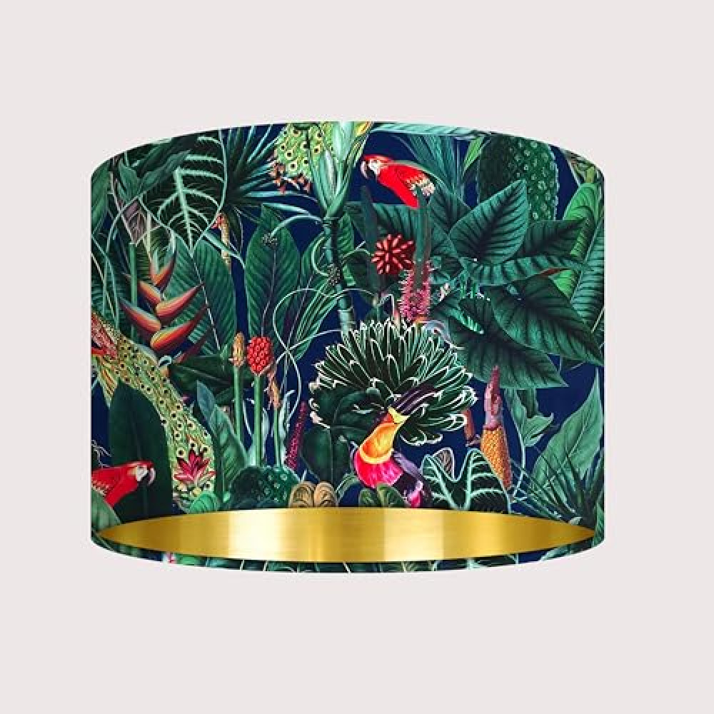 Dark Blue Parrot Peacock Tropical Jungle Velvet Brushed Gold Drum Lampshade