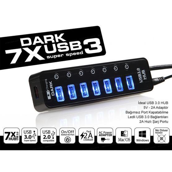 Dark DK-AC-USB371 7 Port USB 3.0 HUB ve 1 Port Yüksek Hızlı Şarj Adaptörlü USB Çoklayıcı