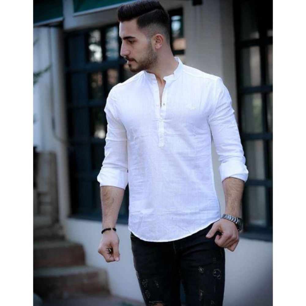 Dark Lavish Erkek Beyaz Hakim Yaka Keten Ekstra Slim Fit Gömlek Erkek Gömlek Fiyatı
