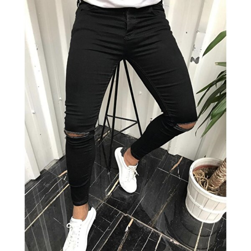 Dark Lavish Erkek Siyah Italyan Kesim Likralı Dizden Yırtıklı Denim Kot Pantolon Erkek Jeans / Kot Pantolon Fiyatı