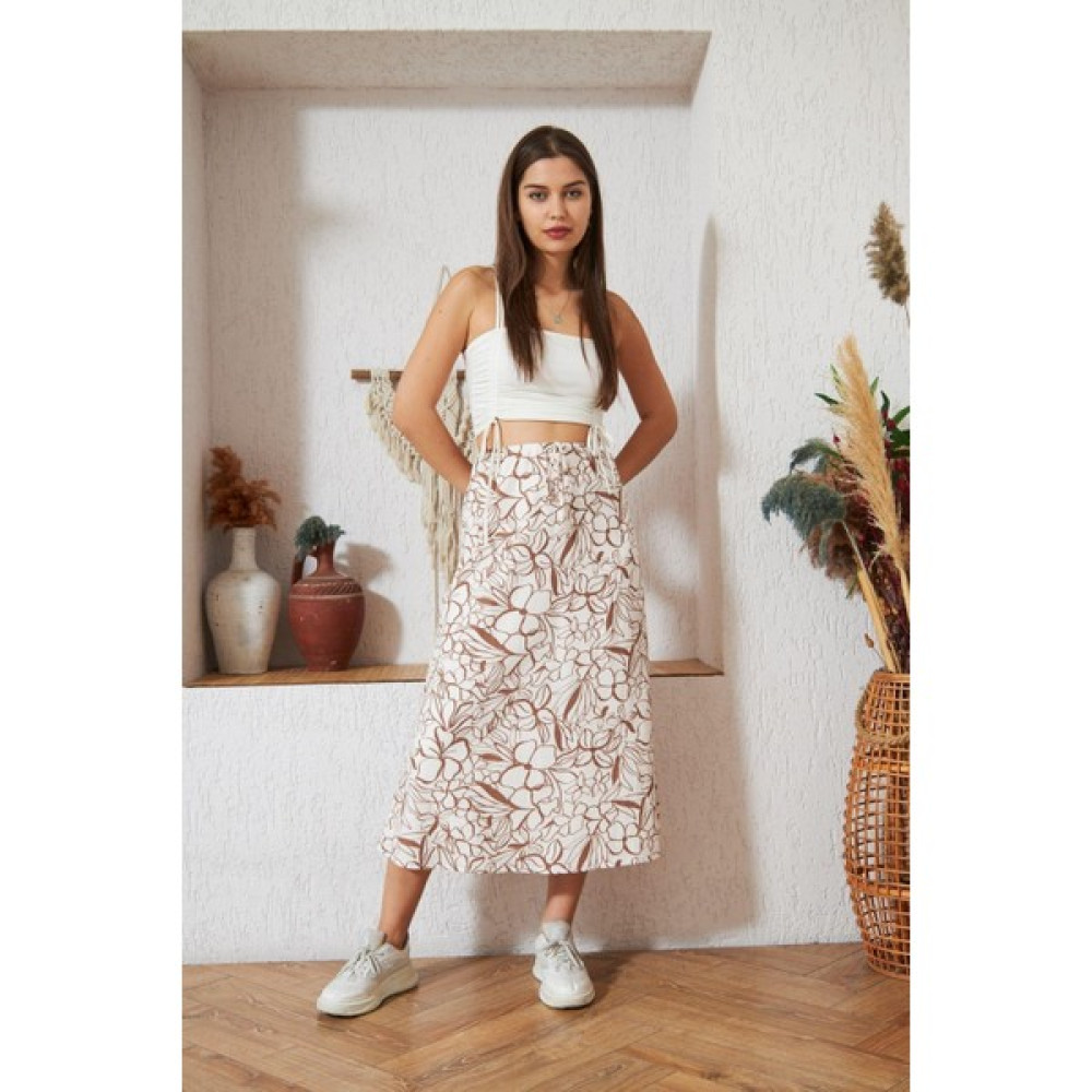 Darlin Moda Bej Çiçek Desenli Midi Etek DM2015 Etek Fiyatı