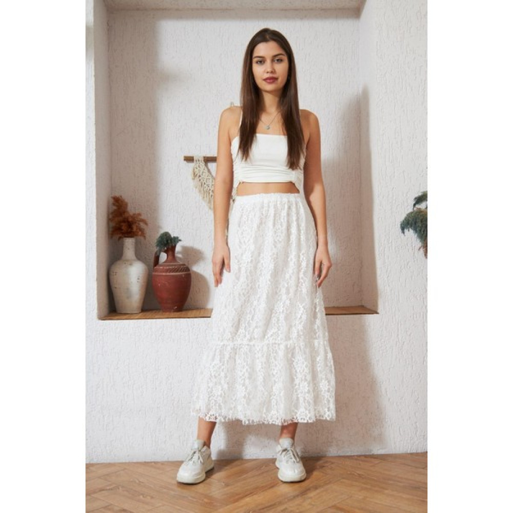 Darlin Moda Beyaz Dantelli Astarlı Maxi Boy Etek DM85487 Etek Fiyatı