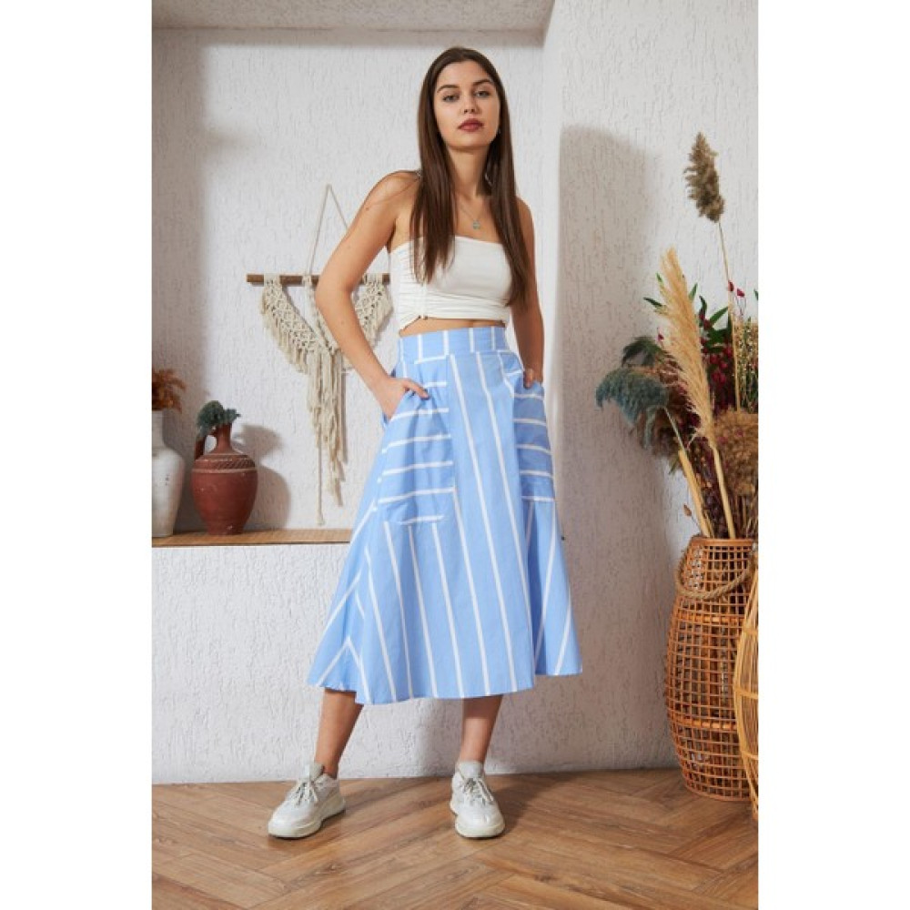 Darlin Moda Mavi Çizgili Cep Detaylı Midi Etek DM2000 Etek Fiyatı