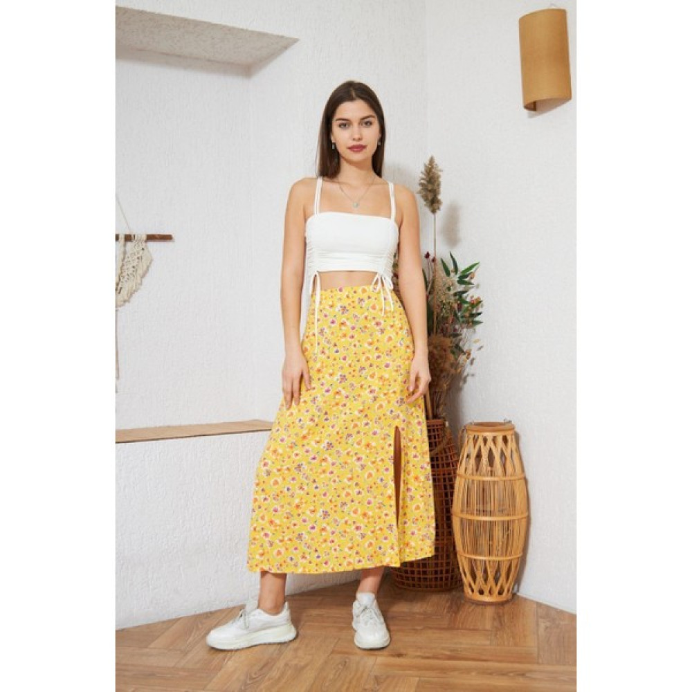 Darlin Moda Sarı Çiçek Desenli Yırtmaçlı Midi Etek DM2014 Etek Fiyatı