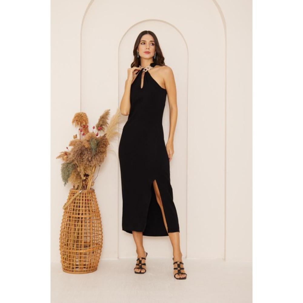 Darlin Moda Yakası Zincir Detaylı Yırtmaçlı Kolsuz Elbise Dm1026 Elbise Fiyatı