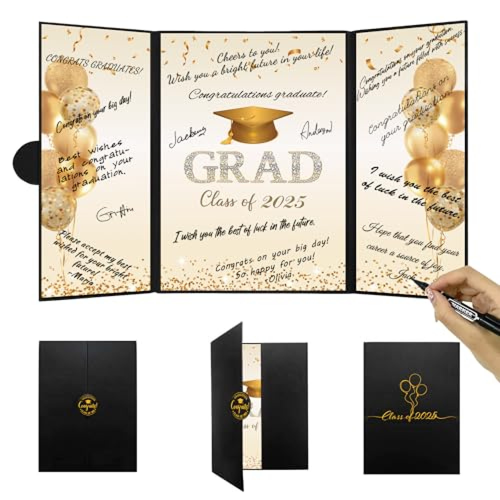 DARUNAXY Black Gold Graduation Party Decorations, Class of 2025 Congratulations Graduates Alternative Signature Guest Book for Men Women Happy Graduation Gifts Congrats Grad Party Signing Card Board