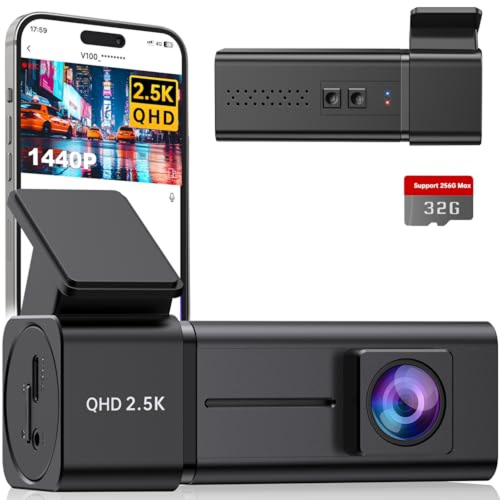 Dash Cam, 2.5K WiFi Dash Camera for Cars, E-YEEGER Mini Dashcam with App, Front Car Camera, G-Sensor, Loop Recording, Night Vision, 24H Parking Mode, 32G SD Card Included, Support 256GB Max